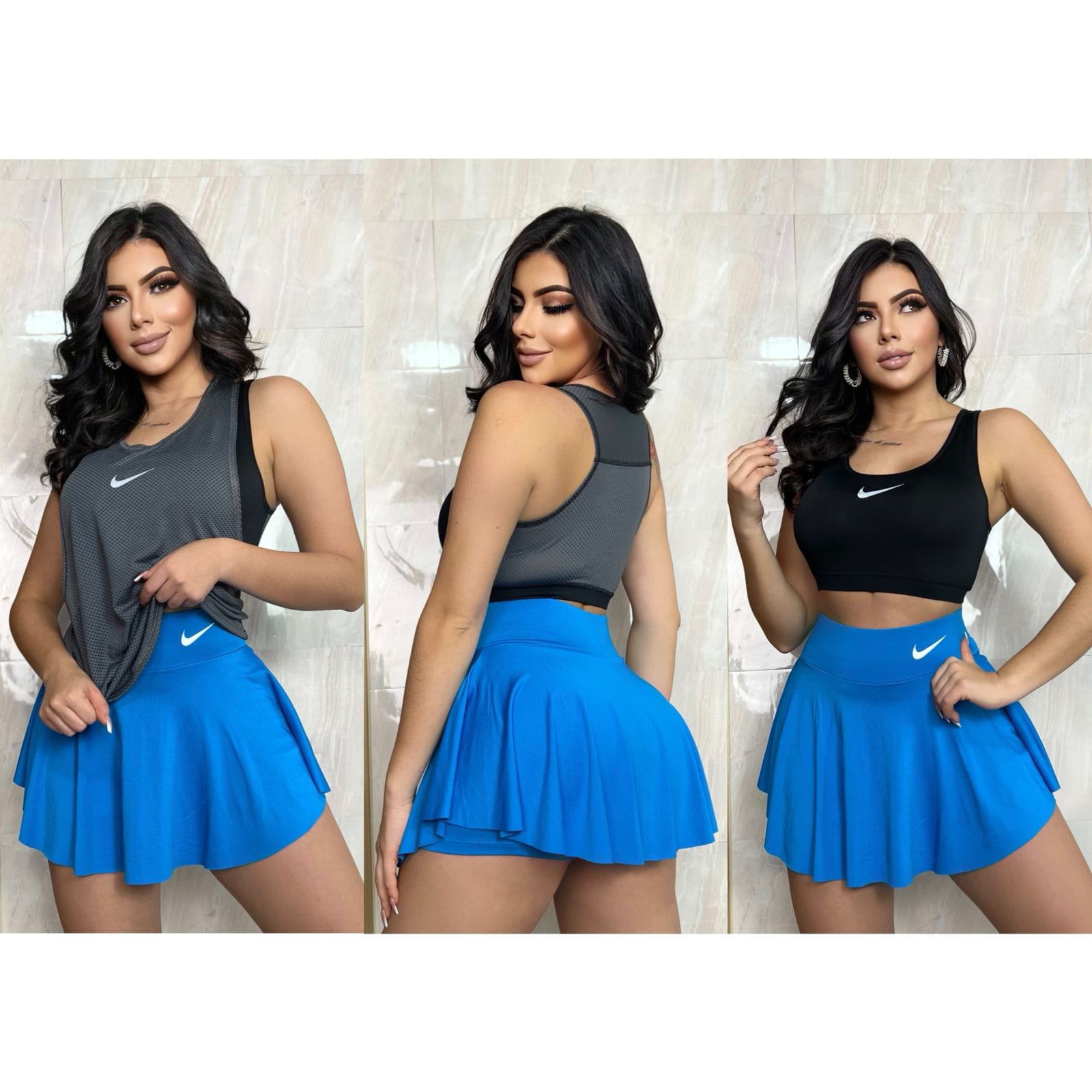 CONJUNTO TRIO FALDA, TOP, BLUSA